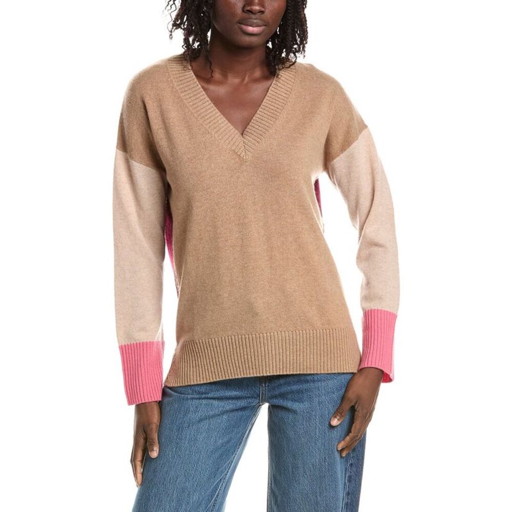&Isla Womens  Avery Longline Colorblock V-Neck 100% Cashmere Sweater, Brown